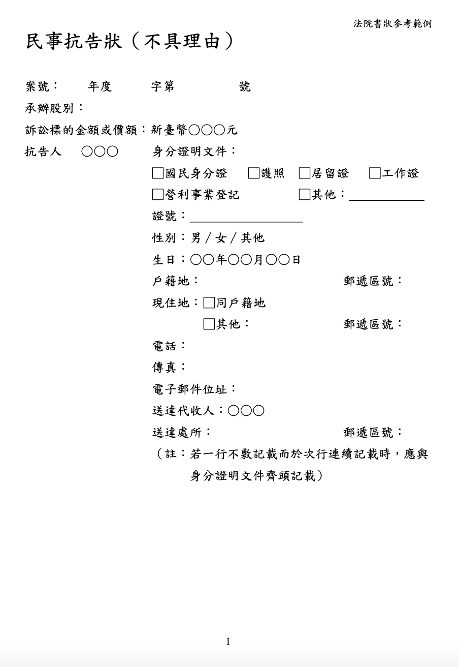 【法律】民事書狀範例：民事陳報狀、民事答辯狀、民事委任狀、民事起訴狀、民事聲明參與分配狀、民事準備狀、民事抗告狀