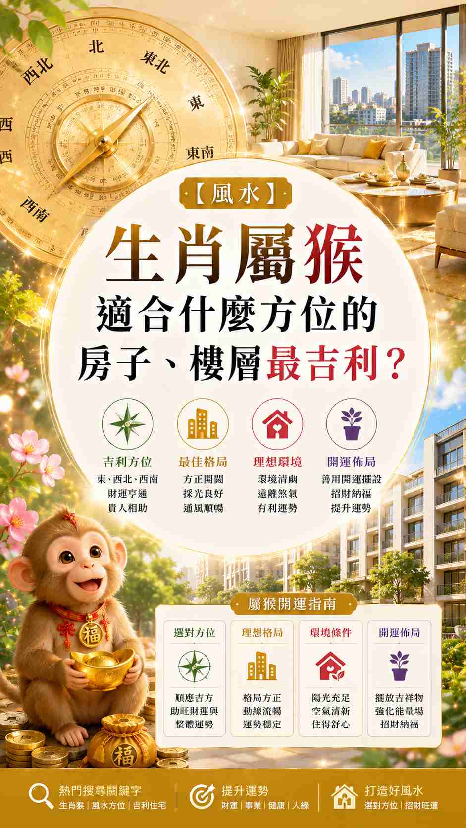 【風水】生肖屬猴適合什麼方位的房子、樓層最吉利？