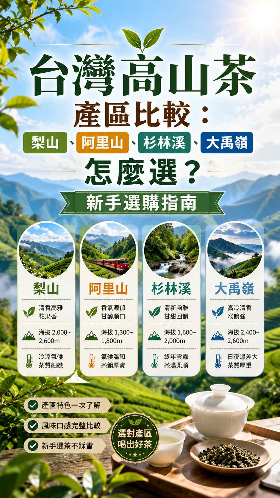台灣高山茶產區比較:梨山、阿里山、杉林溪、大禹嶺怎麼選?新手選購指南