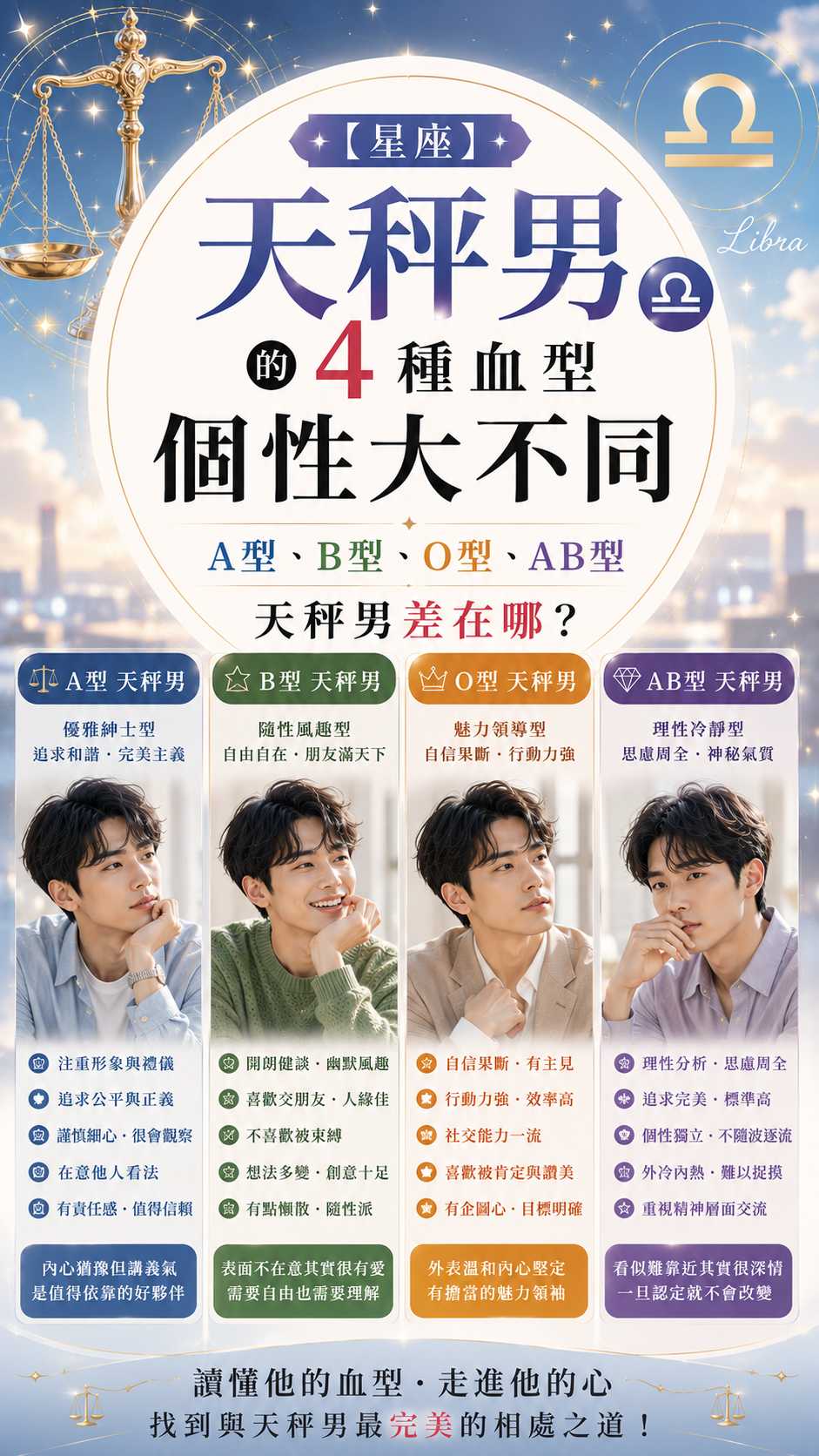 【星座】天秤男的4種血型個性大不同：A型、B型、O型、AB型天秤男差在哪？
