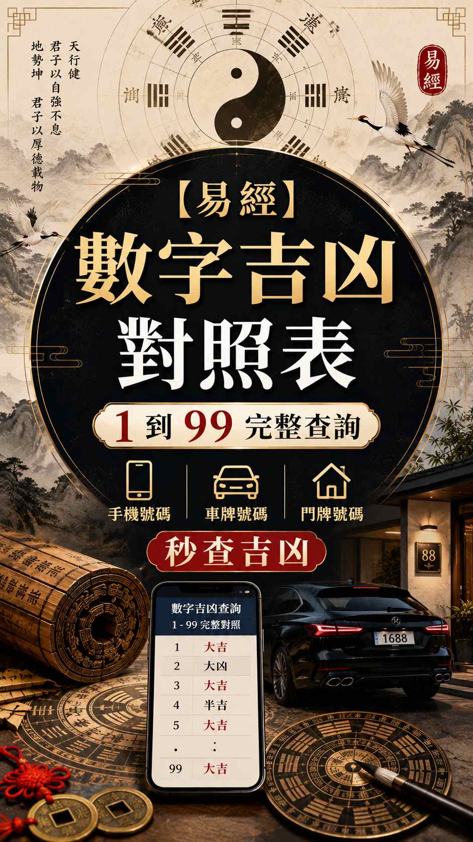 【易經數字吉凶對照表】1 到 99 完整查詢，手機、車牌、門牌秒查吉凶