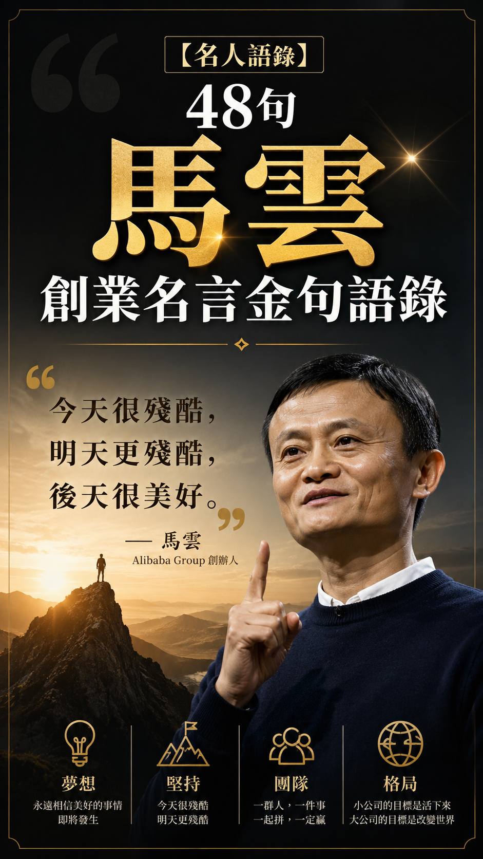 【名人語錄】48句 馬雲創業名言金句語錄：今天很殘酷，明天更殘酷，後天很美好