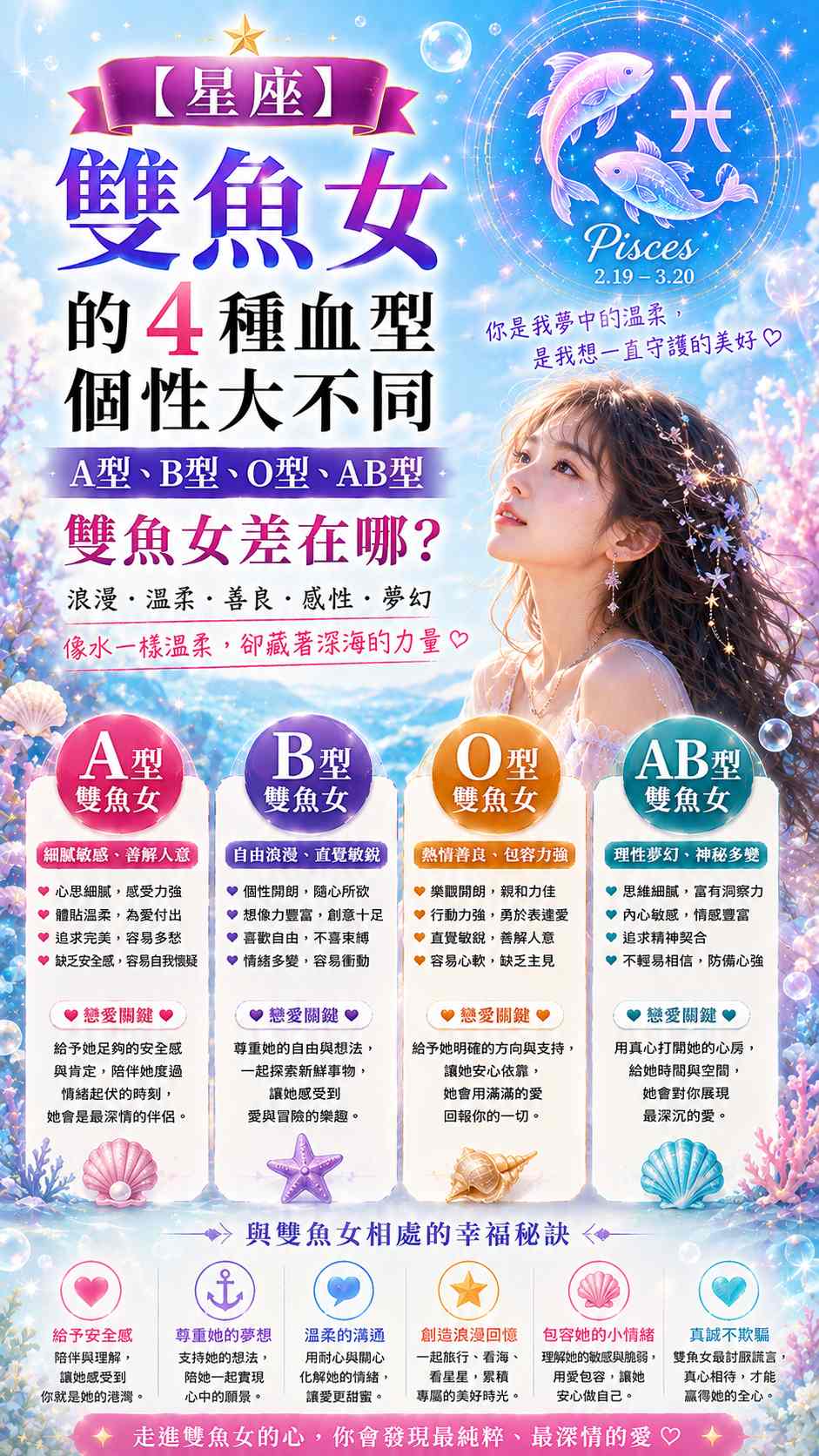 【星座】雙魚女的4種血型個性大不同：A型、B型、O型、AB型雙魚女差在哪？