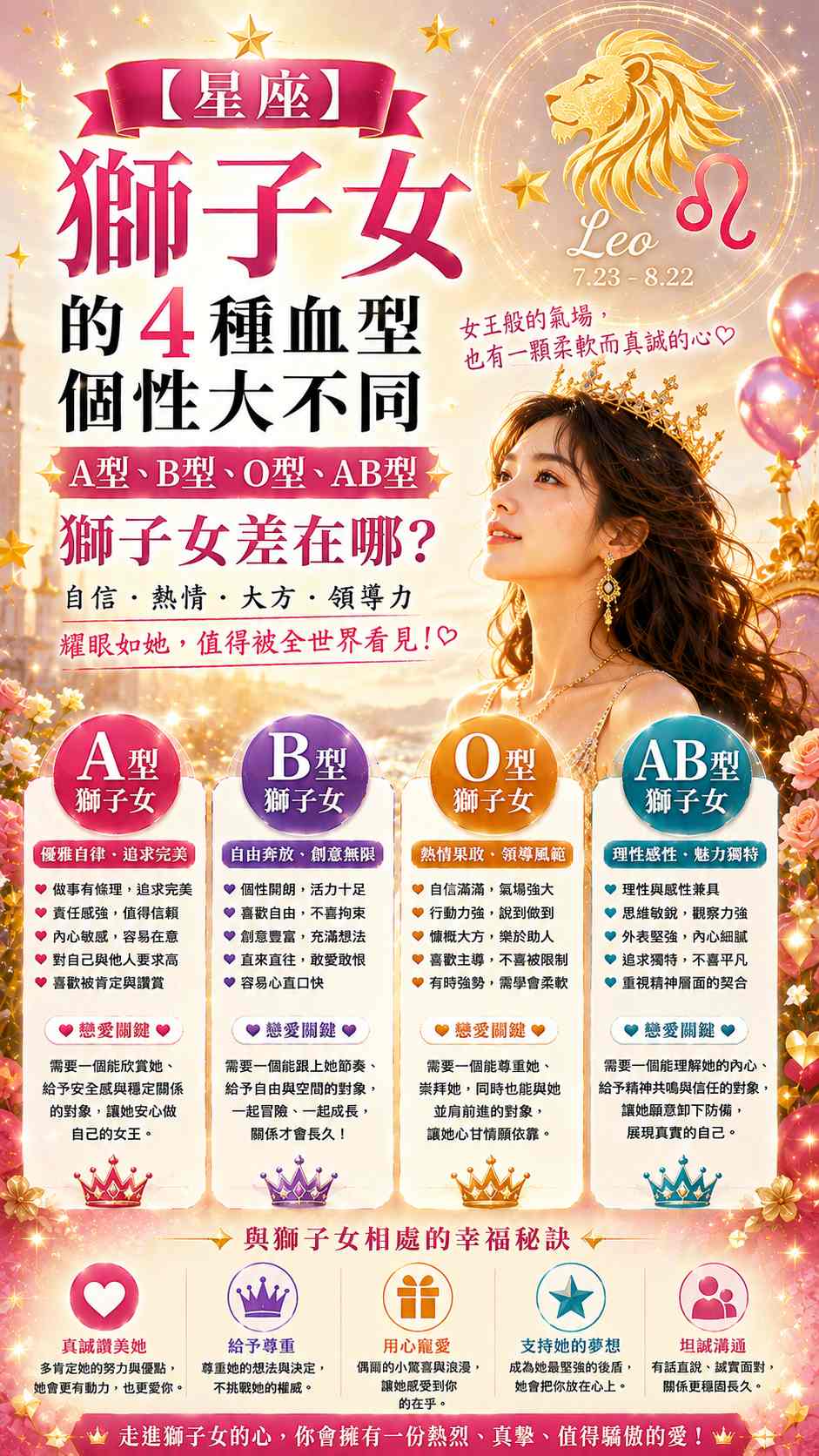 【星座】獅子女的4種血型個性大不同：A型、B型、O型、AB型獅子女差在哪？
