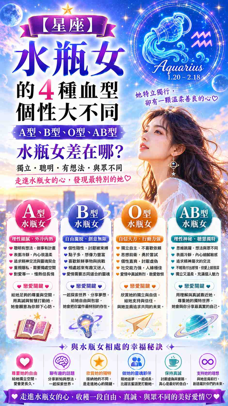 【星座】水瓶女的4種血型個性大不同：A型、B型、O型、AB型水瓶女差在哪？