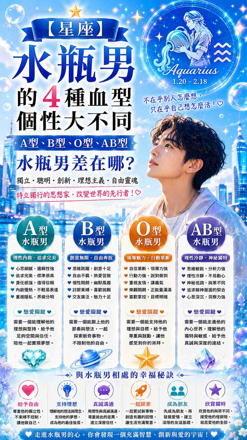 【星座】水瓶男的4種血型個性大不同：A型、B型、O型、AB型水瓶男差在哪？
