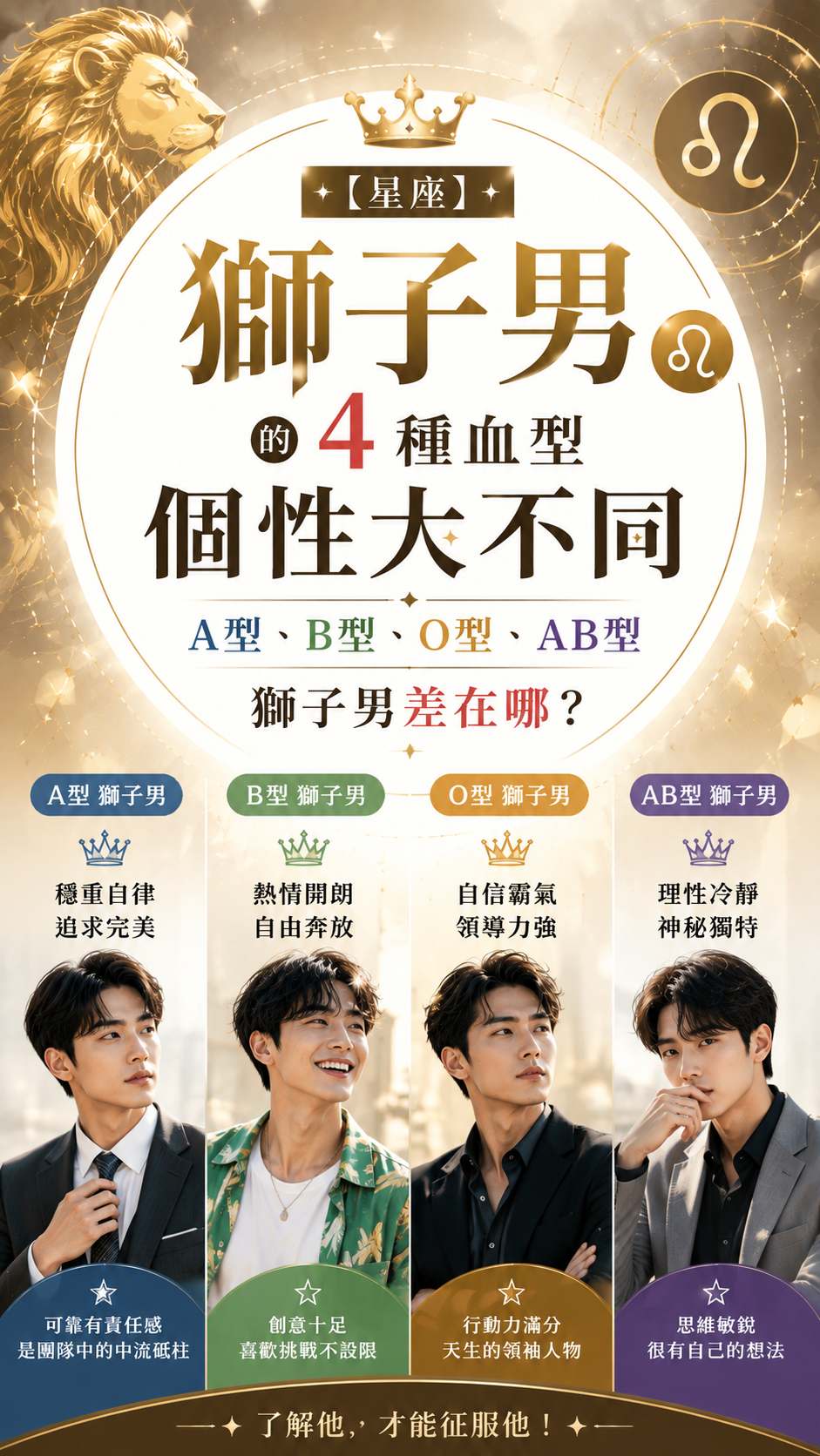 【星座】獅子男的4種血型個性大不同：A型、B型、O型、AB型獅子男差在哪？